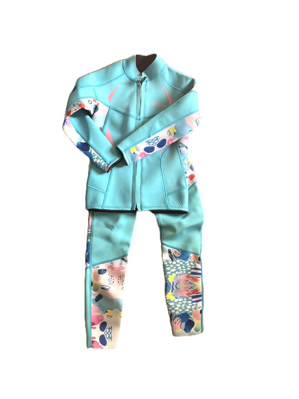 Goldfin Two-Piece Girls Wetsuit Jacket Size 8 + Pants Size L Aqua Abstract Print